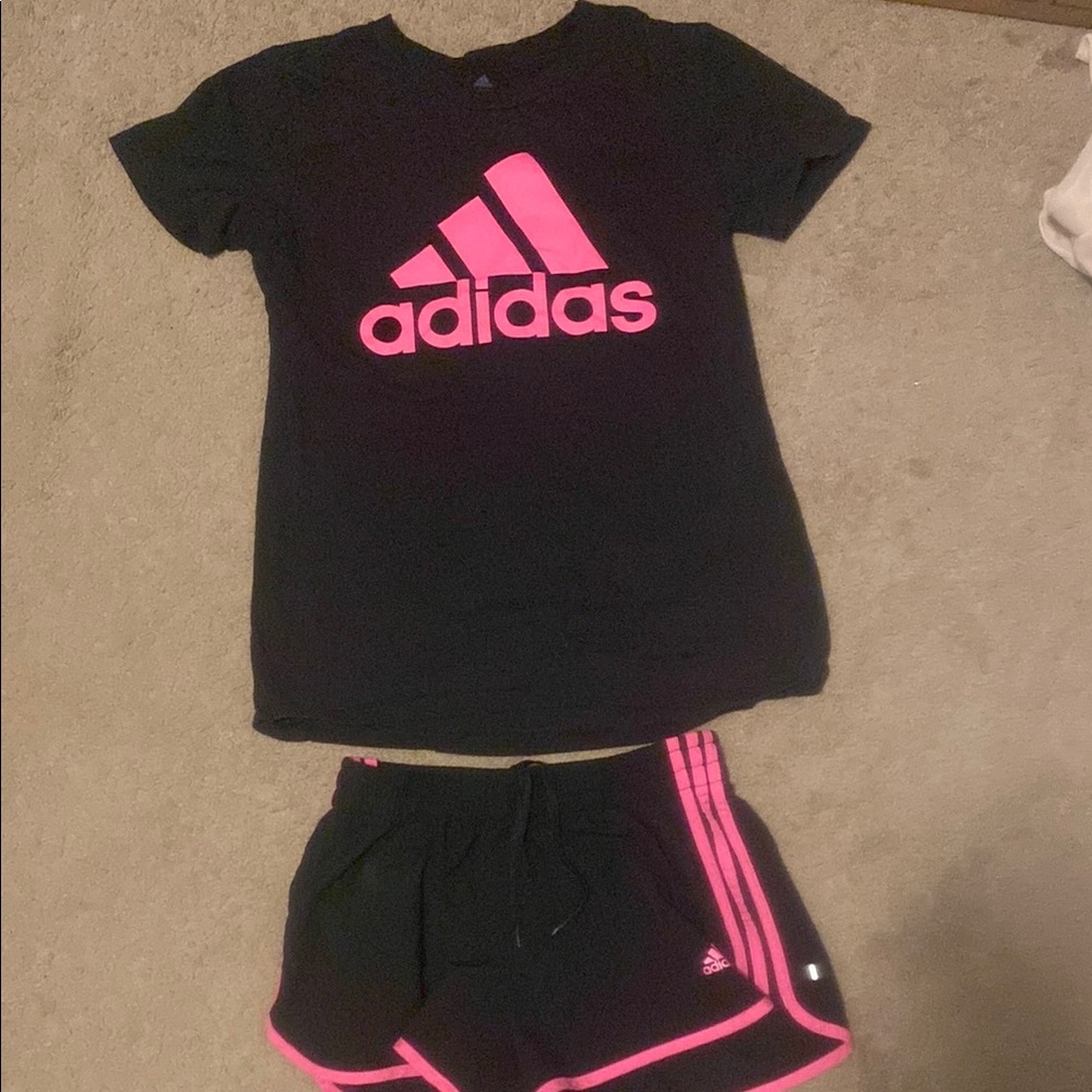 Adidas Black and Pink T-Shirt and Shorts Set